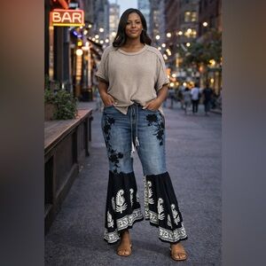 Upcycled Chico’s jeans with fringed rope belt, by Susie.